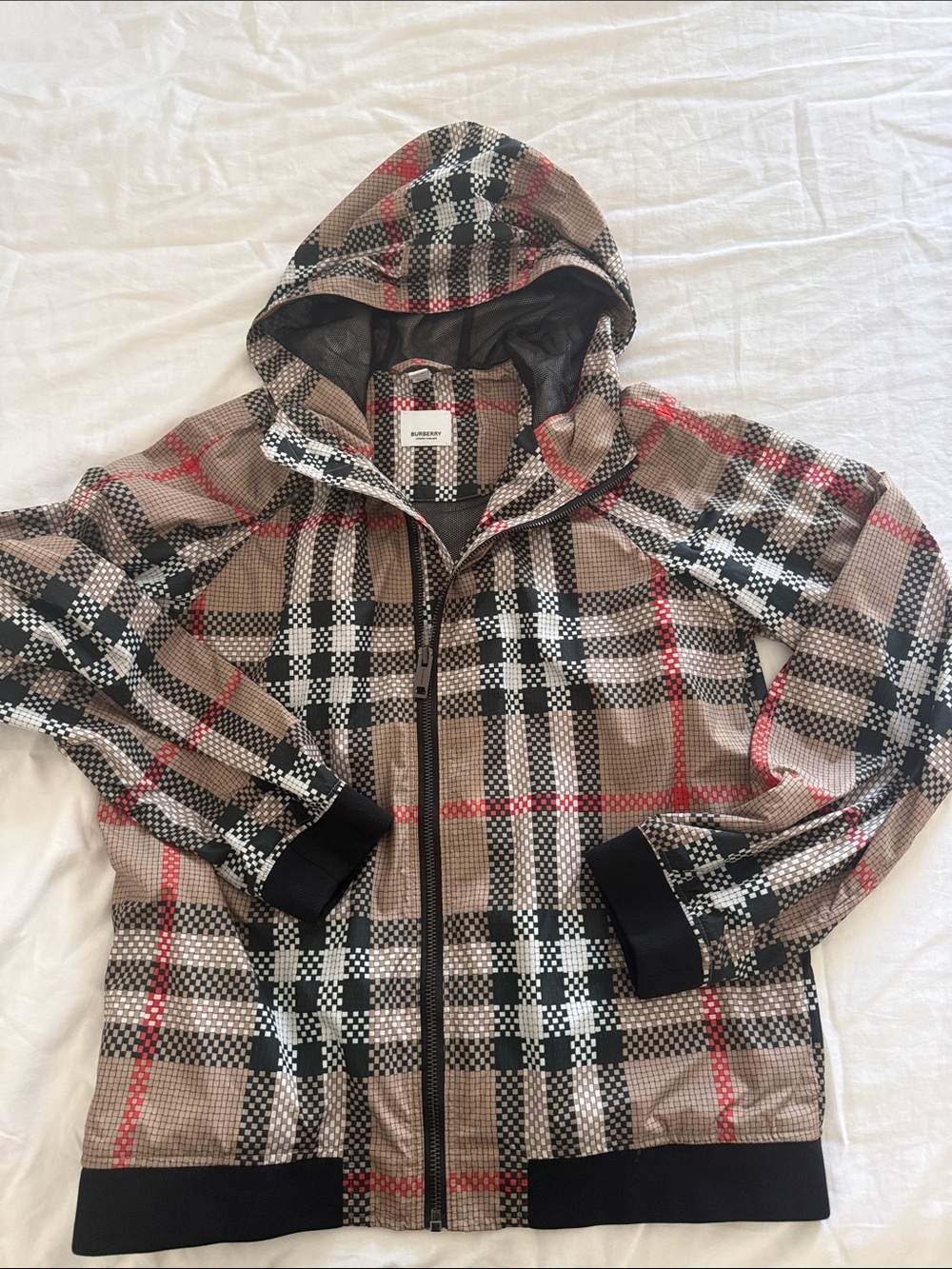 Burberry Tan Black Red Check Hooded Zip Jacket